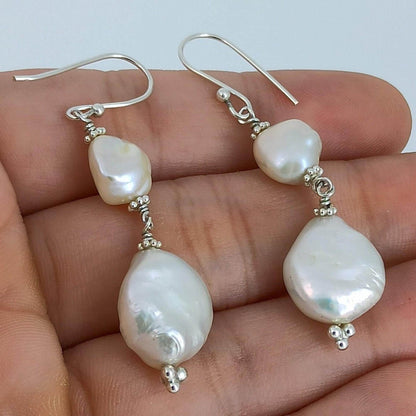 Pearl Earrings, 925 Sterling Silver Dangle Drop Earrings, Dual Freshwater Baroque Pearl Handmade Boho Jewelry, June Birthstone, Gift for her