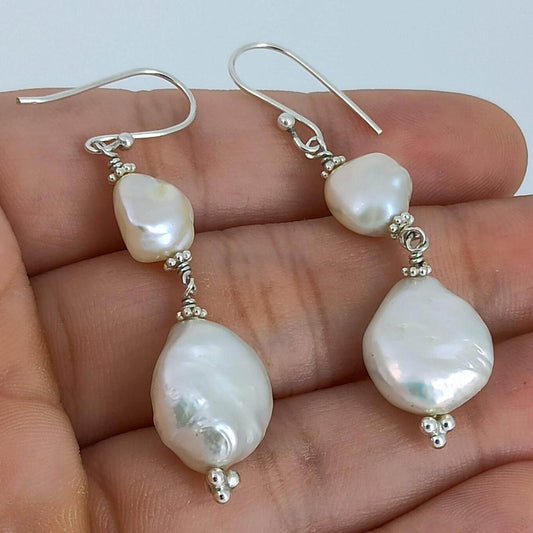 Pearl Earrings, 925 Sterling Silver Dangle Drop Earrings, Dual Freshwater Baroque Pearl Handmade Boho Jewelry, June Birthstone, Gift for her