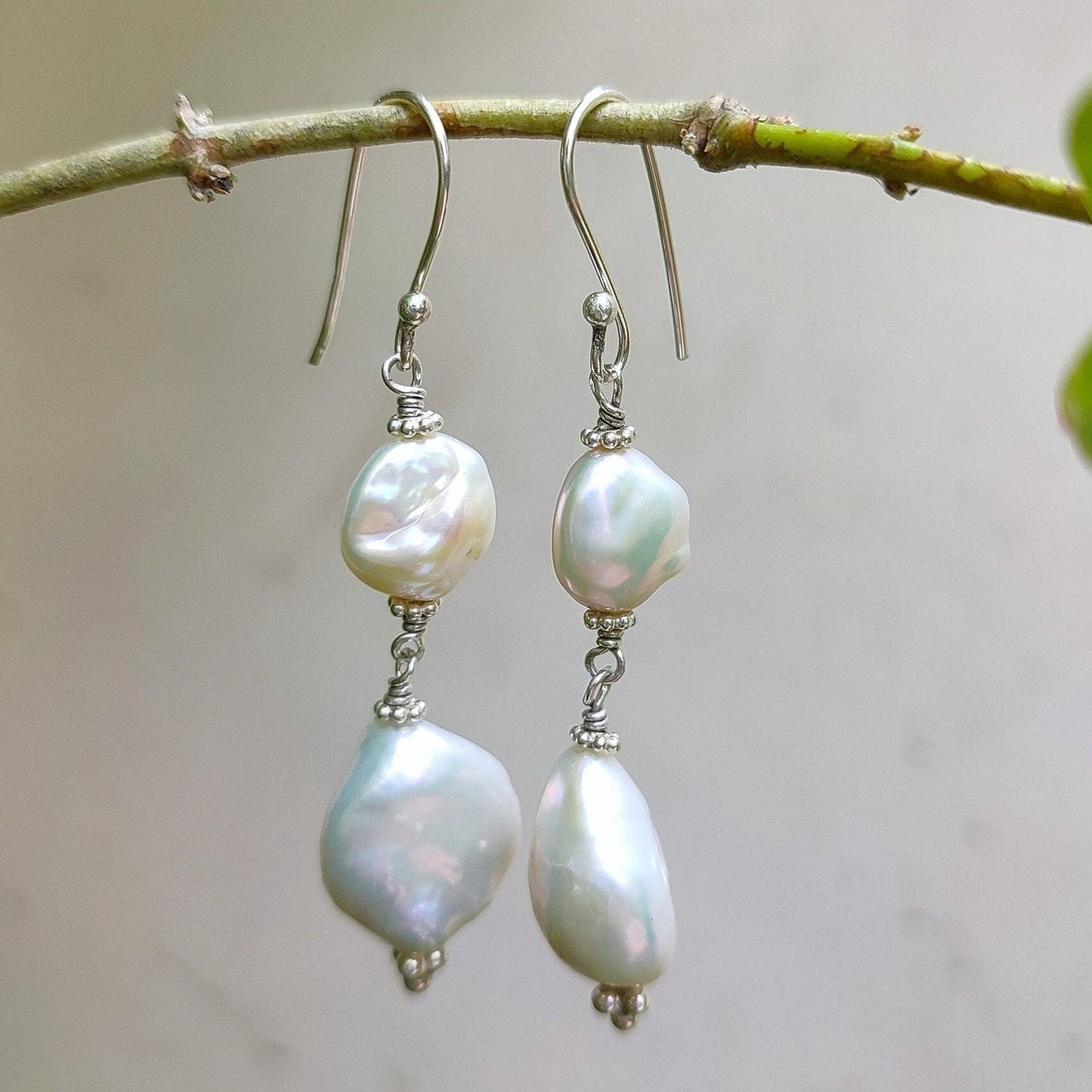 Pearl Earrings, 925 Sterling Silver Dangle Drop Earrings, Dual Freshwater Baroque Pearl Handmade Boho Jewelry, June Birthstone, Gift for her