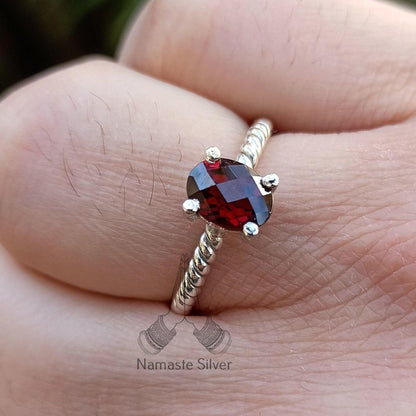 Garnet Ring, 925 Sterling Silver Dainty Ring for Women, Natural Garnet Oval Gemstone Handmade Boho Jewelry, January Birthstone, Gift for her