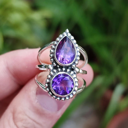 Amethyst Ring, 925 Sterling Silver Statement Promise Ring, Natural Purple Dual Gemstone Handmade Jewelry, February Birthstone, Gift For Her