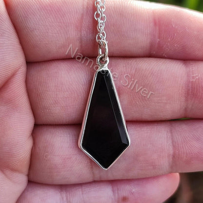 Black Onyx Coffin Necklace, 925 Sterling Silver Handmade Gothic Pendant, Natural Black Gemstone Coffin Jewelry, Halloween Witch Gift For Her