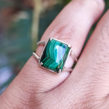 Malachite Ring, 925 Sterling Silver Promise Ring, Natural Malachite Cushion Gemstone Handmade Jewelry, April May Birthstone, Gift For Her