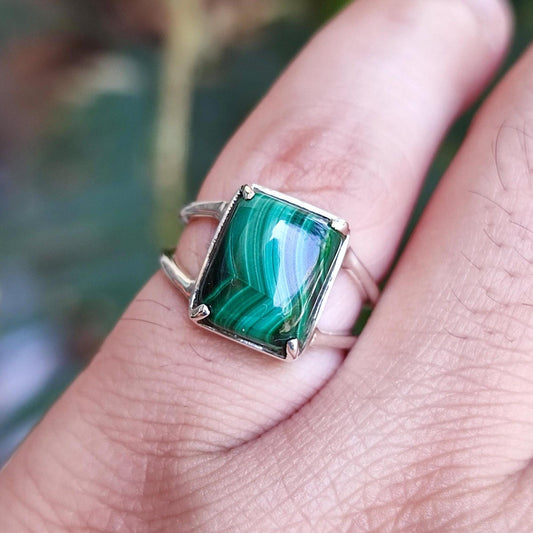 Malachite Ring, 925 Sterling Silver Promise Ring, Natural Malachite Cushion Gemstone Handmade Jewelry, April May Birthstone, Gift For Her