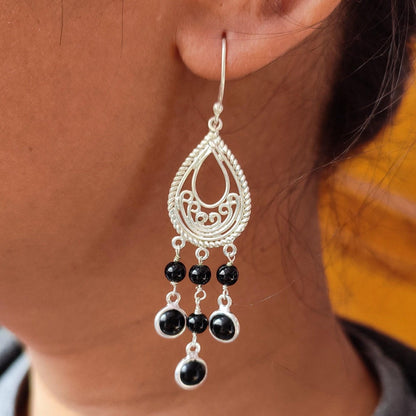 Black Onyx Earrings, 925 Sterling Silver Dangle Drop Earrings, Natural Black Onyx Round Handmade Boho Jewelry, Gift for Her, July Birthstone