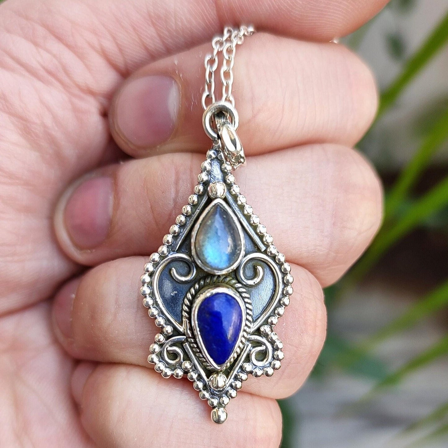 Labradorite, Lapis Lazuli Necklace, 925 Sterling Silver Pendant, Natural Dual Gemstone Handmade Boho Jewelry, Unique Birthstone Gift for Her