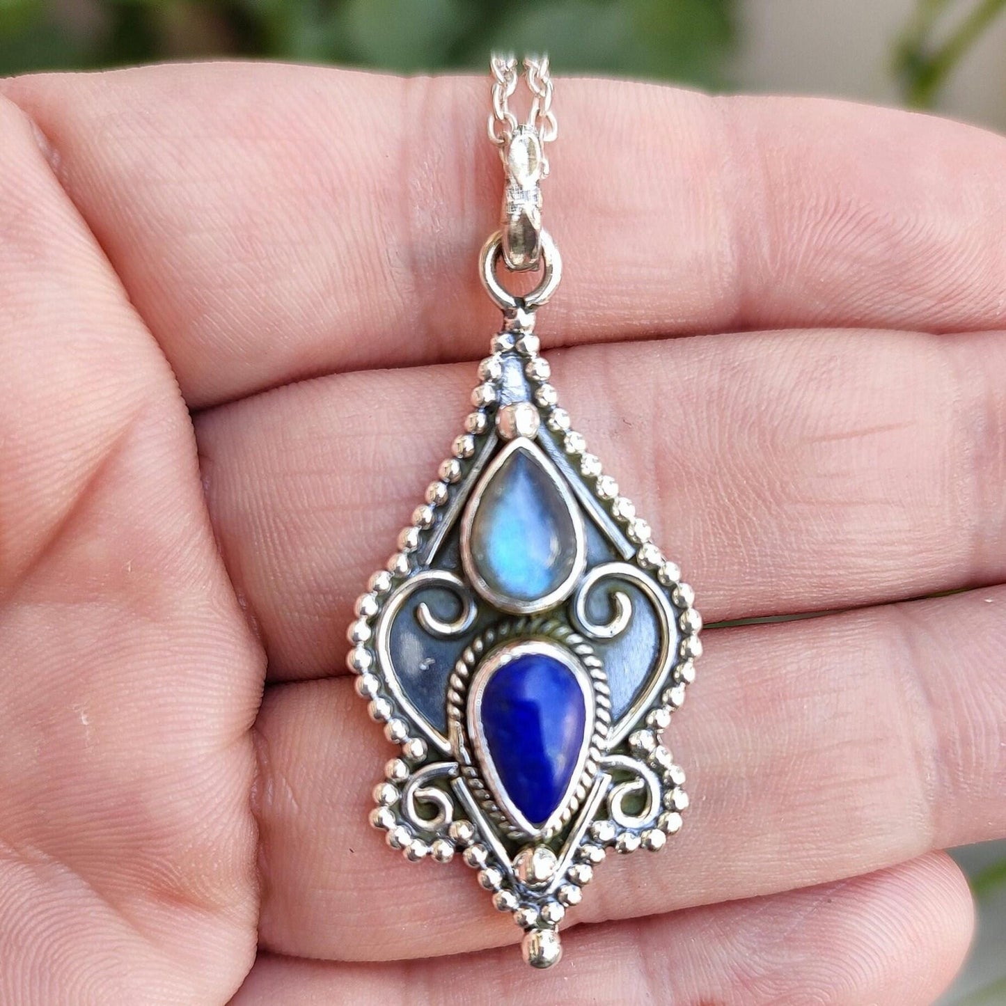 Labradorite, Lapis Lazuli Necklace, 925 Sterling Silver Pendant, Natural Dual Gemstone Handmade Boho Jewelry, Unique Birthstone Gift for Her