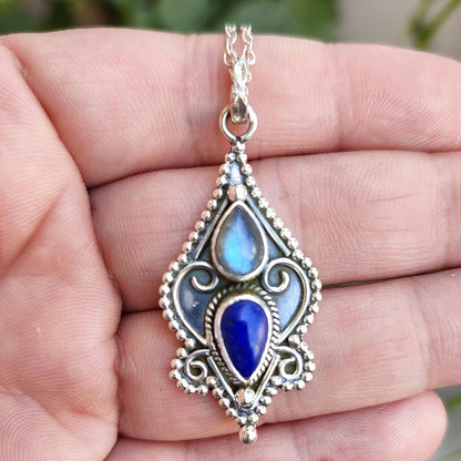 Labradorite, Lapis Lazuli Necklace, 925 Sterling Silver Pendant, Natural Dual Gemstone Handmade Boho Jewelry, Unique Birthstone Gift for Her