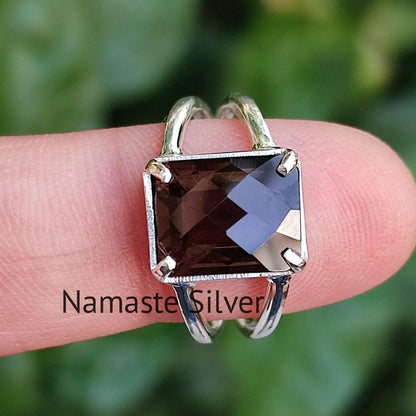 Smoky Quartz Ring, 925 Sterling Silver Handmade Statement Ring, Natural Smoky Quartz Cushion Checker Cut Gemstone Jewelry, Birthstone Gift