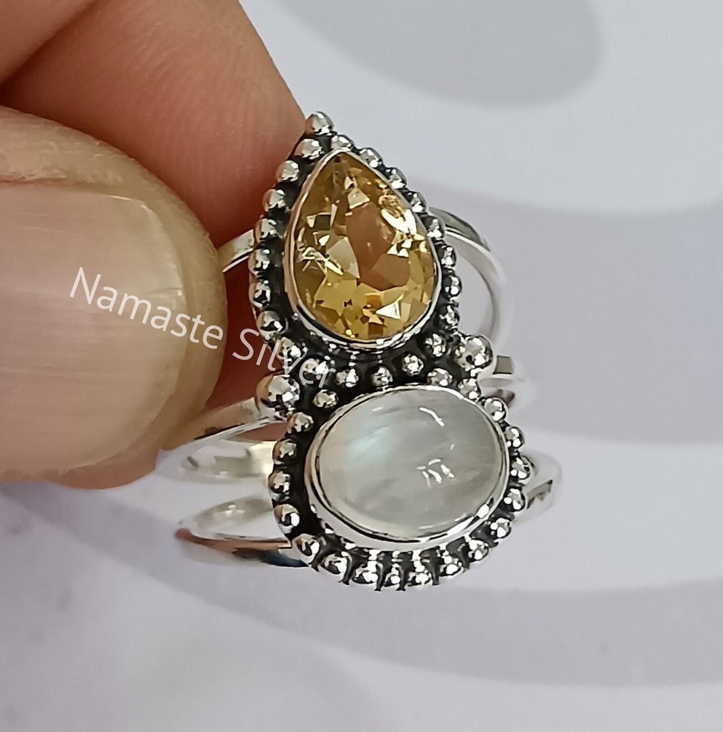 Citrine, Rainbow Moonstone Ring, 925 Sterling Silver Promise Ring, Natural Dual Gemstone Handmade Jewelry, November Birthstone, Gift for Her