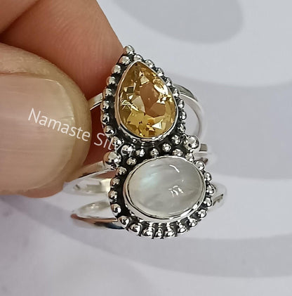 Citrine, Rainbow Moonstone Ring, 925 Sterling Silver Promise Ring, Natural Dual Gemstone Handmade Jewelry, November Birthstone, Gift for Her