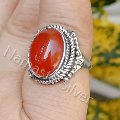 Carnelian Ring, 925 Sterling Silver Statement Promise Ring, Natural Red Carnelian Oval Gemstone Handmade Boho Jewelry, Gift for Her Birthday