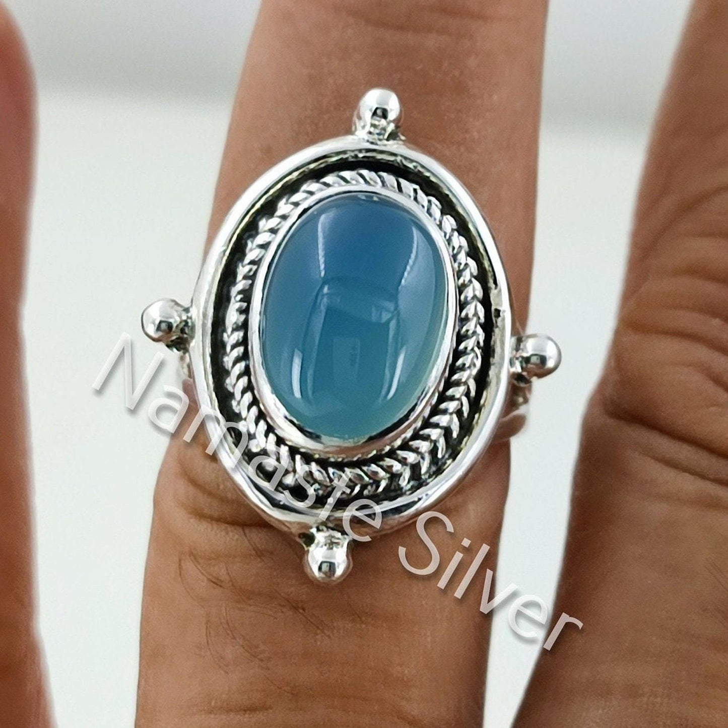Chalcedony Ring, 925 Sterling Silver Handmade Statement Ring, Natural Aqua Chalcedony Oval Gemstone Boho Jewelry, Birthstone Gift for her