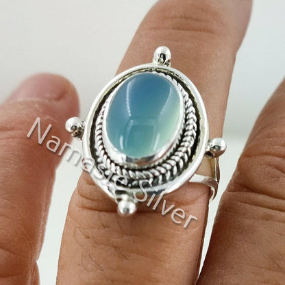 Chalcedony Ring, 925 Sterling Silver Handmade Statement Ring, Natural Aqua Chalcedony Oval Gemstone Boho Jewelry, Birthstone Gift for her