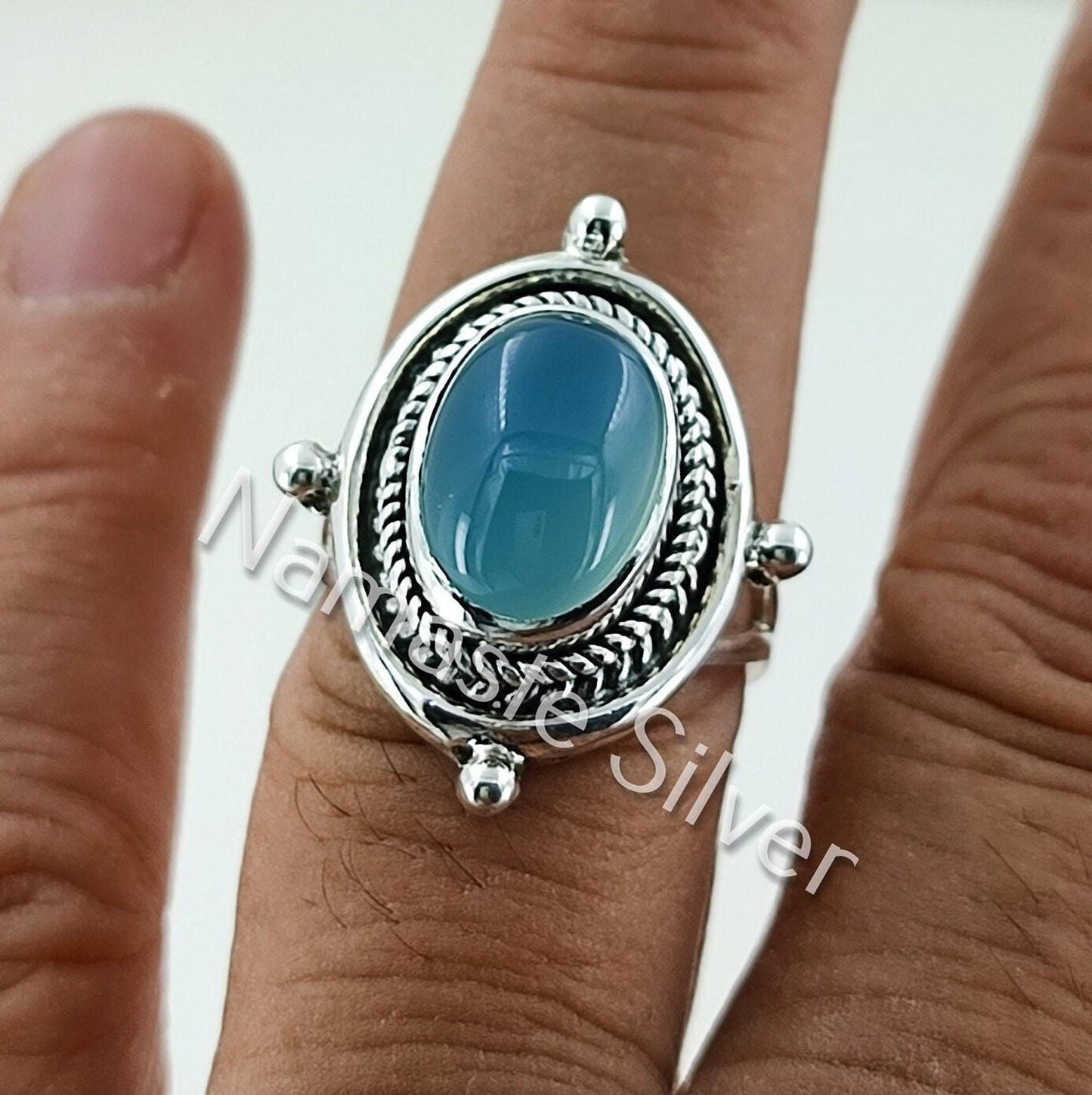Chalcedony Ring, 925 Sterling Silver Handmade Statement Ring, Natural Aqua Chalcedony Oval Gemstone Boho Jewelry, Birthstone Gift for her