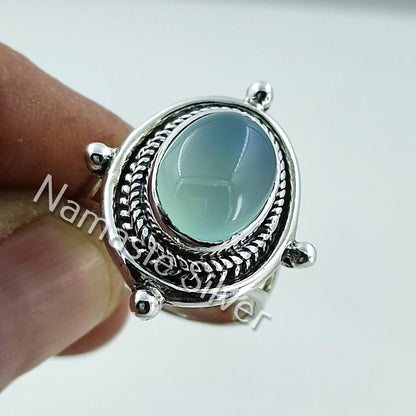 Chalcedony Ring, 925 Sterling Silver Handmade Statement Ring, Natural Aqua Chalcedony Oval Gemstone Boho Jewelry, Birthstone Gift for her