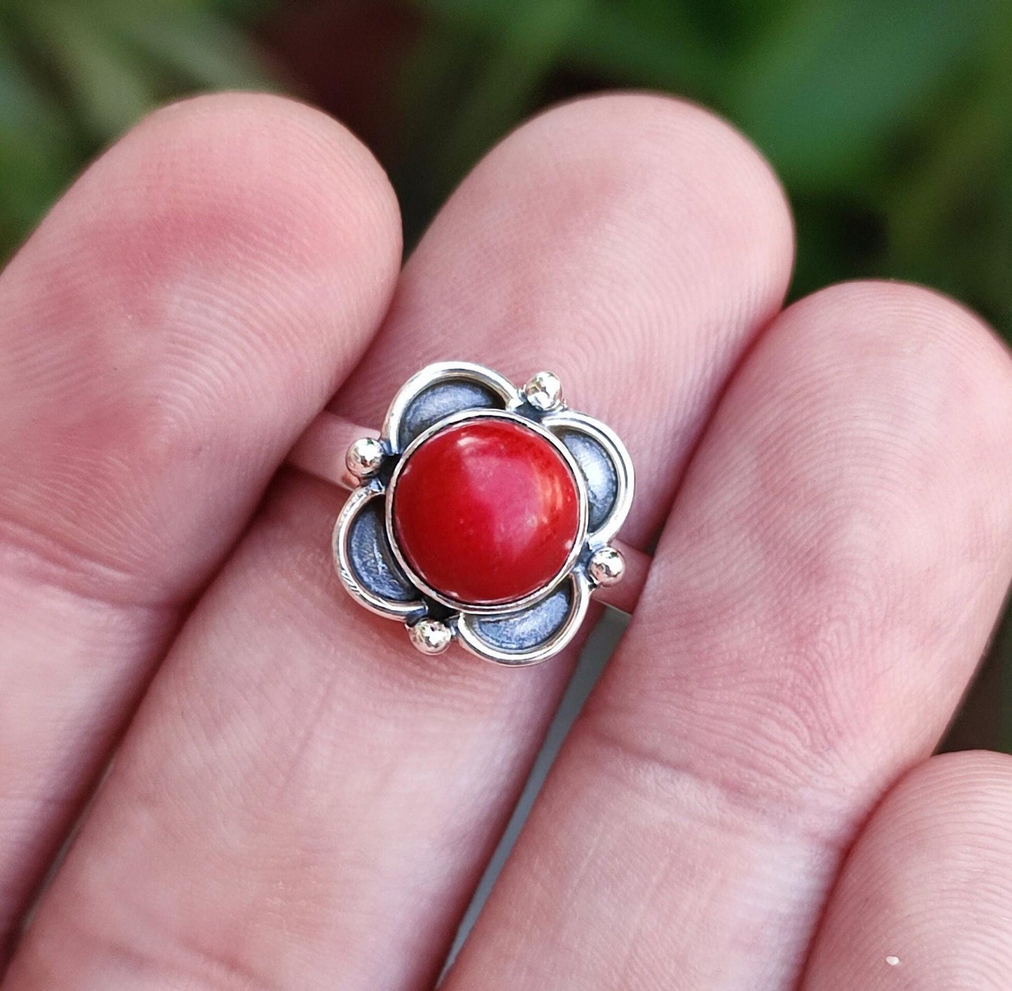 Coral Silver Ring, 925 Sterling Silver, Handmade Ring, Red Coral Gemstone, Round Shape Coral, Coral Silver Jewelry, Red Coral Silver Ring