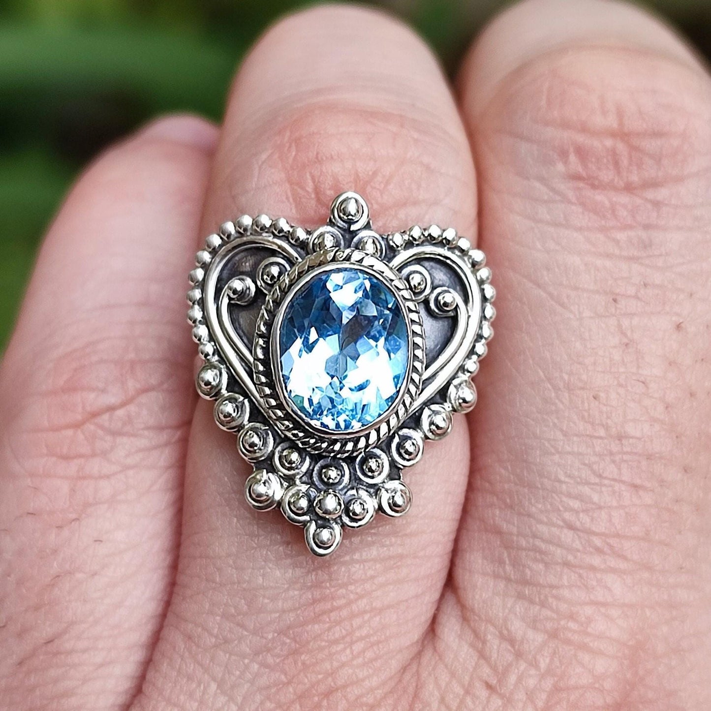 Blue Topaz Ring, 925 Sterling Silver Promise Ring, Natural Topaz Oval Gemstone Handmade Heart Jewelry, December Birthstone, Gift for Her