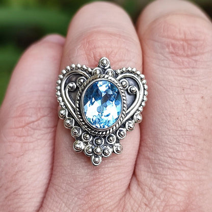 Blue Topaz Ring, 925 Sterling Silver Promise Ring, Natural Topaz Oval Gemstone Handmade Heart Jewelry, December Birthstone, Gift for Her