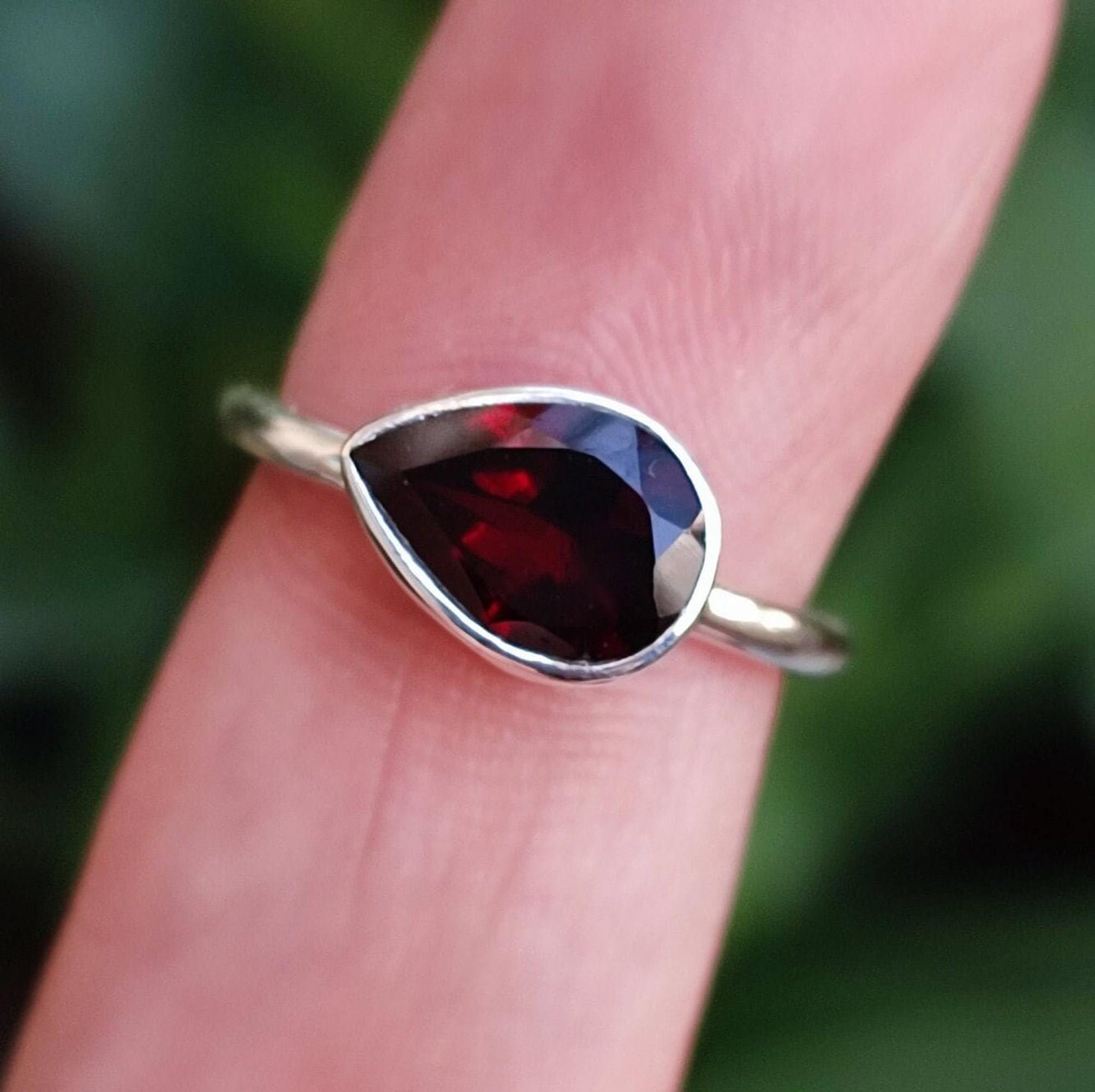 Garnet Stone Silver Ring | Handmade 925 Sterling Silver Promise Ring | Pearshape Natural Gemstone Jewelry | January Birthstone Gift for Her