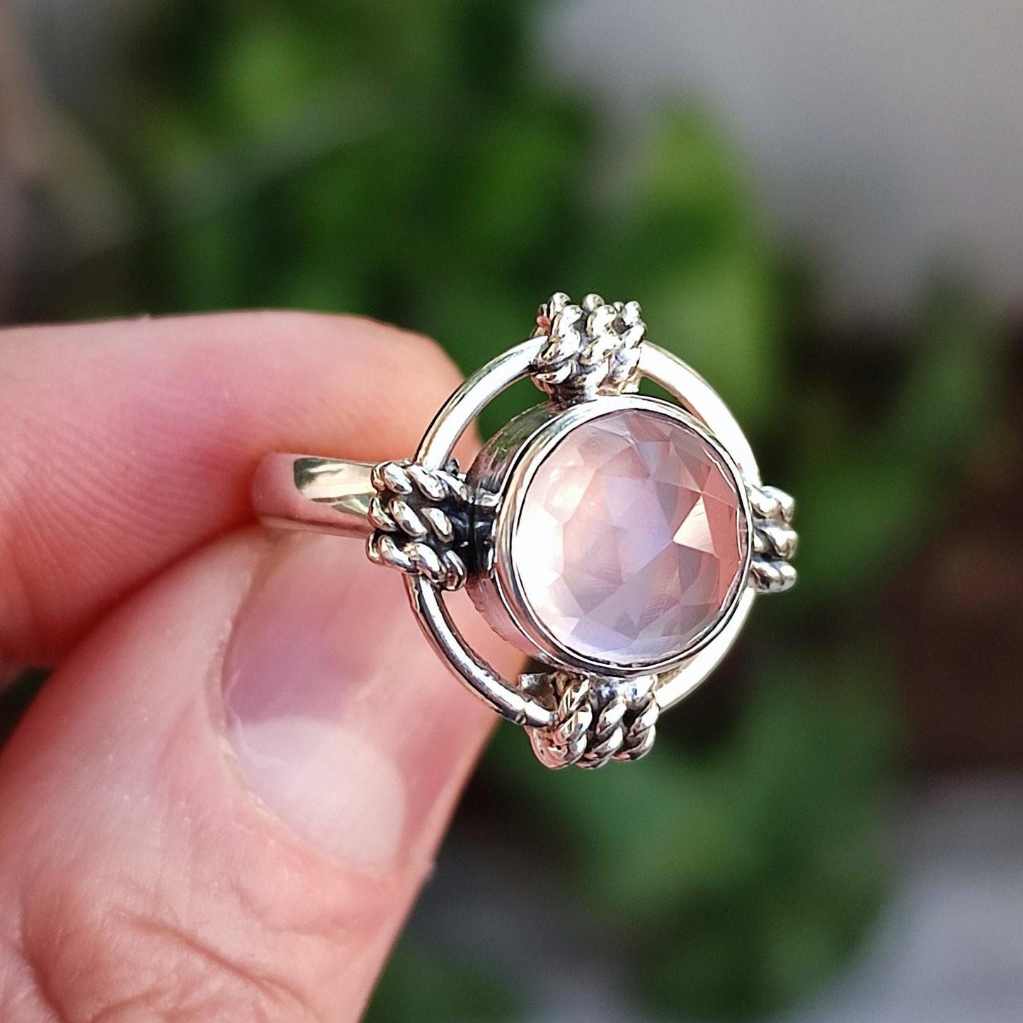 Rose Quartz Ring, 925 Sterling Silver Handmade Promise Ring, Natural Pink Crystal Round Gemstone Jewelry, January Birthstone, Gift for Her