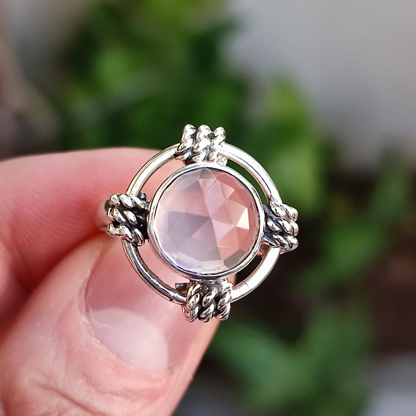 Rose Quartz Ring, 925 Sterling Silver Handmade Promise Ring, Natural Pink Crystal Round Gemstone Jewelry, January Birthstone, Gift for Her