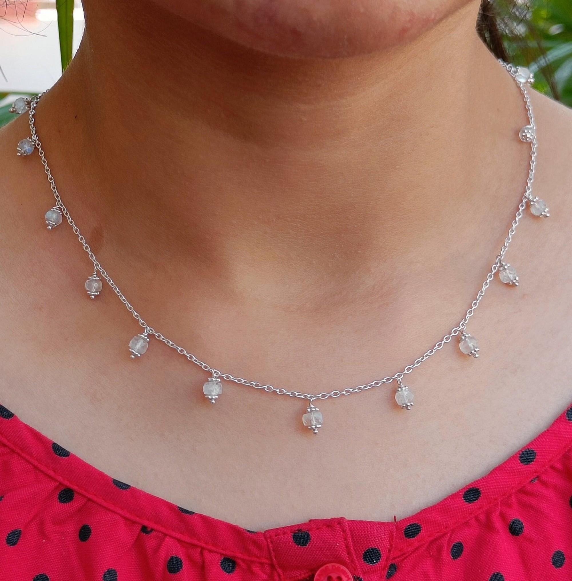 Rainbow Moonstone Beads Silver Handmade Necklace Minimalist Gemstone Jewelry Gift for her Birthday Anniversary Engagement Wedding Valentines