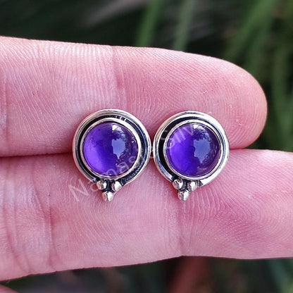 Amethyst Stud Earrings, 925 Sterling Silver Stud Posts, Natural Purple Round Gemstone Handmade Jewelry, February Birthstone, Gift for Her