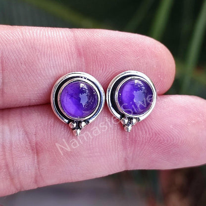 Amethyst Stud Earrings, 925 Sterling Silver Stud Posts, Natural Purple Round Gemstone Handmade Jewelry, February Birthstone, Gift for Her
