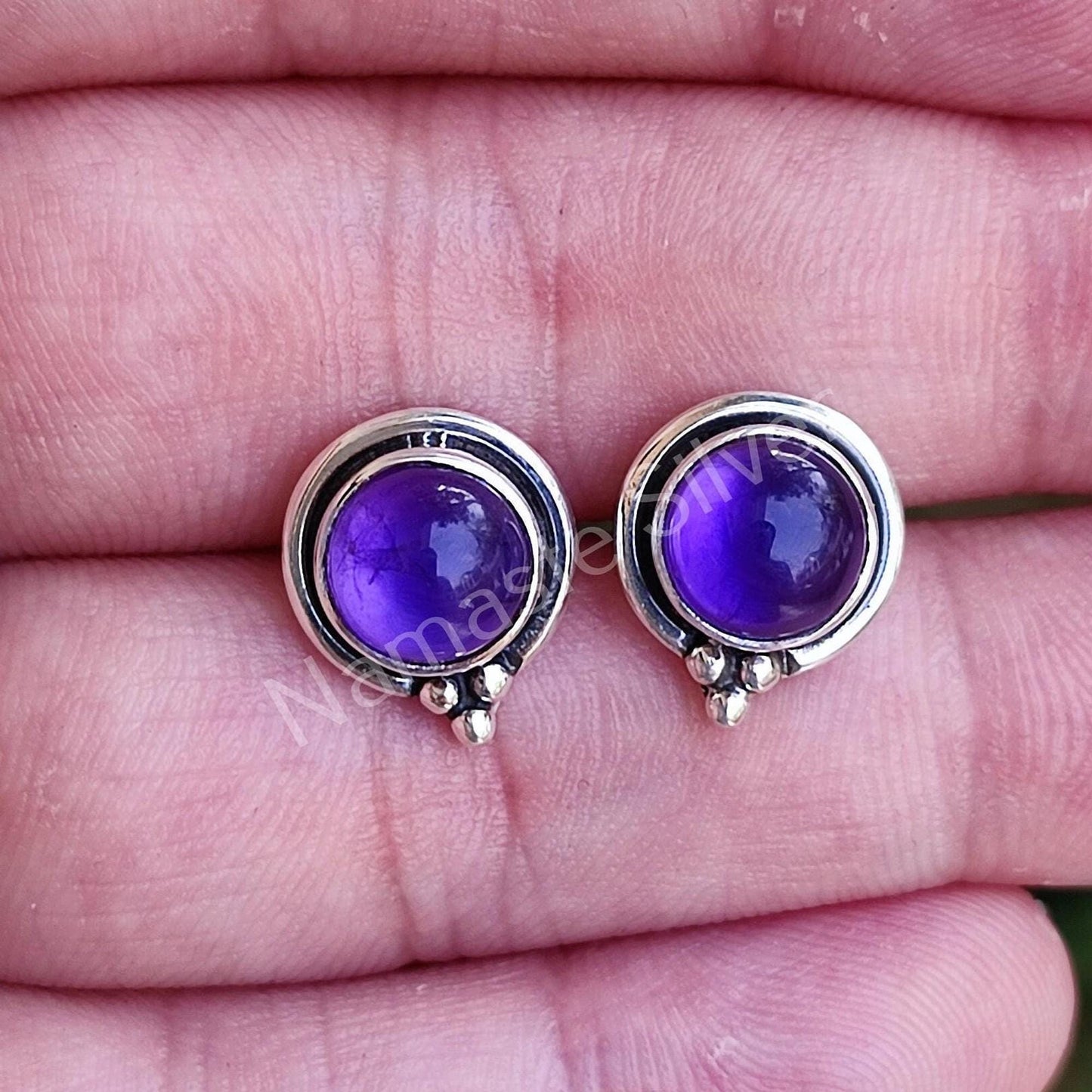 Amethyst Stud Earrings, 925 Sterling Silver Stud Posts, Natural Purple Round Gemstone Handmade Jewelry, February Birthstone, Gift for Her