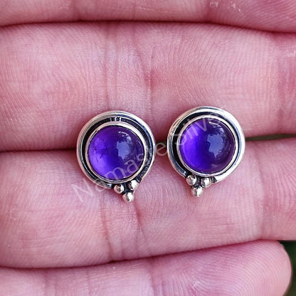 Amethyst Stud Earrings, 925 Sterling Silver Stud Posts, Natural Purple Round Gemstone Handmade Jewelry, February Birthstone, Gift for Her