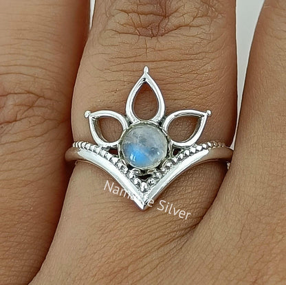 Moonstone Ring, 925 Sterling Silver Dainty Ring, Natural Rainbow Moonstone Round Gemstone Handmade Jewelry, June Birthstone, Gift for Her