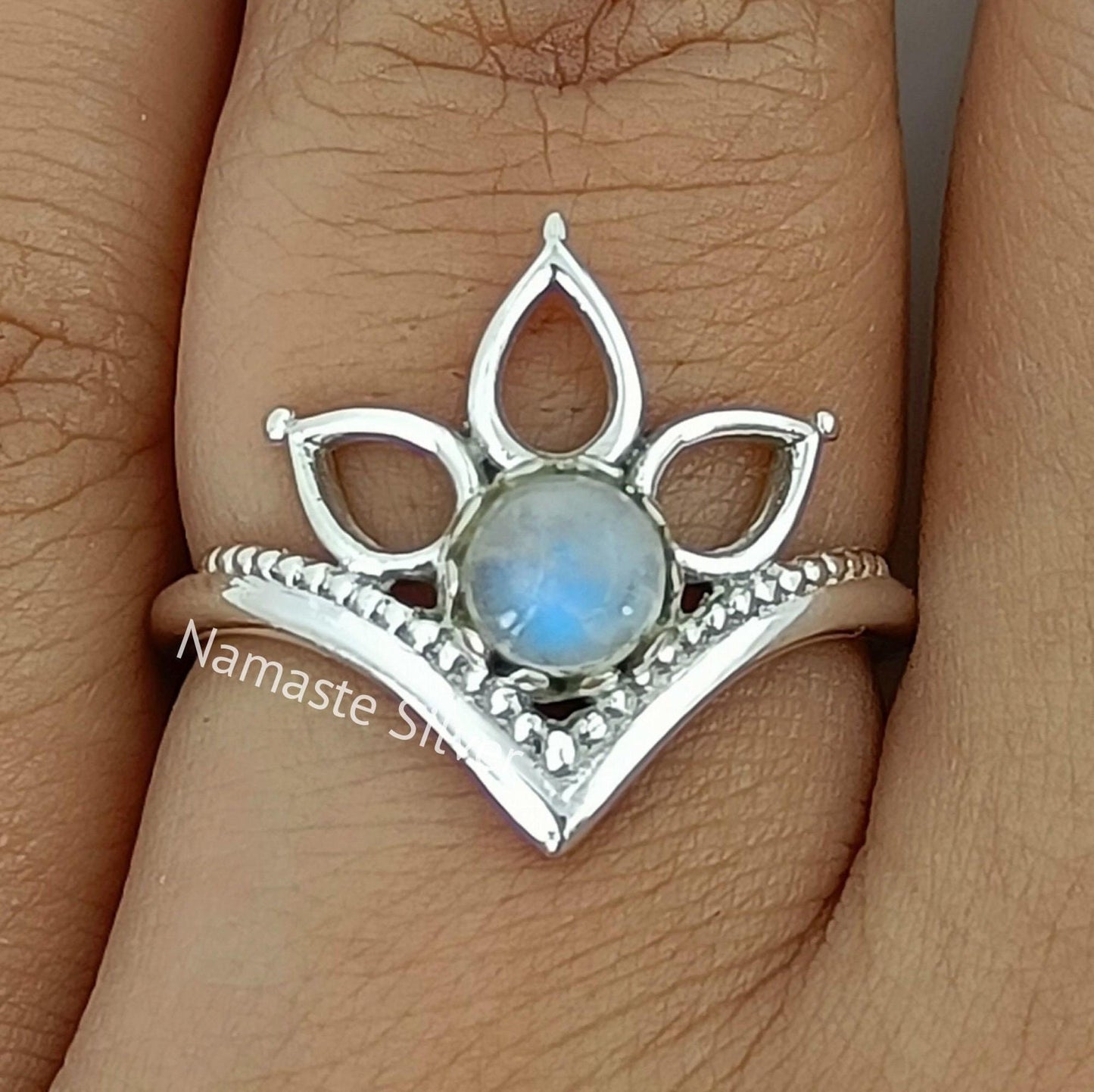 Moonstone Ring, 925 Sterling Silver Dainty Ring, Natural Rainbow Moonstone Round Gemstone Handmade Jewelry, June Birthstone, Gift for Her