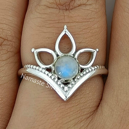 Moonstone Ring, 925 Sterling Silver Dainty Ring, Natural Rainbow Moonstone Round Gemstone Handmade Jewelry, June Birthstone, Gift for Her