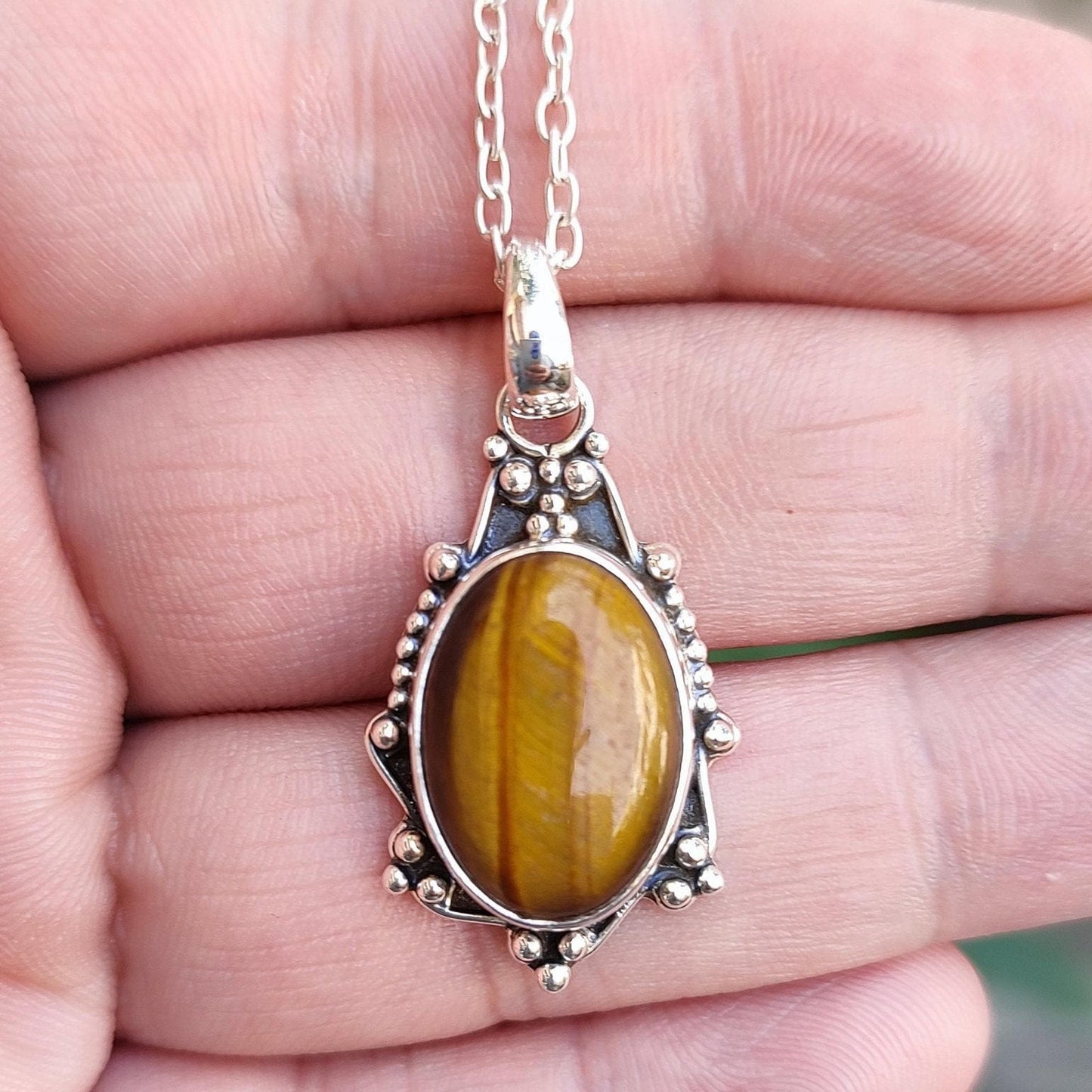 Tigers Eye Necklace, 925 Sterling Silver Pendant Chain, Natural Tiger's Eye Oval Gemstone Handmade Jewelry, Unique Birthstone Gift for Her