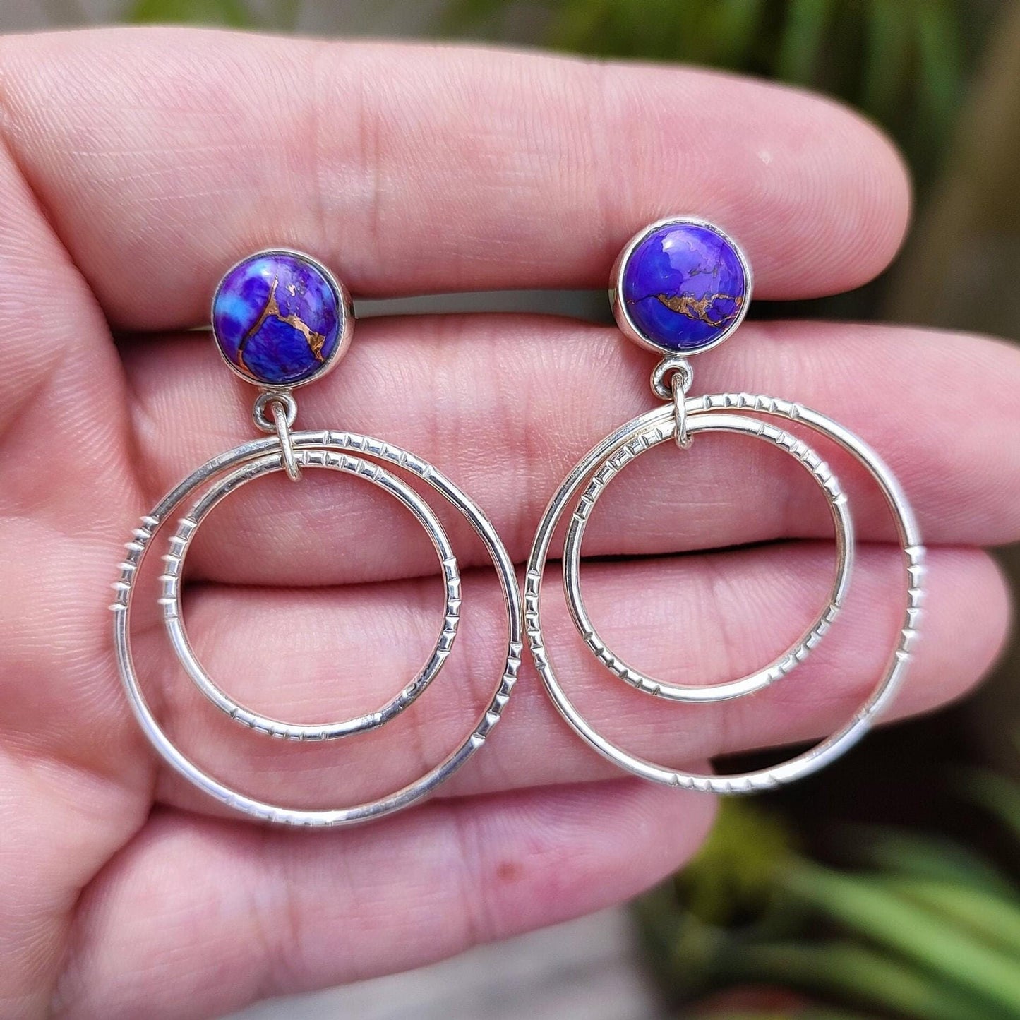 Turquoise Double Hoop Earrings, 925 Sterling Silver Dangle Earrings, Natural Purple Copper Turquoise Round Handmade Jewelry, Gift for her