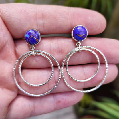Turquoise Double Hoop Earrings, 925 Sterling Silver Dangle Earrings, Natural Purple Copper Turquoise Round Handmade Jewelry, Gift for her