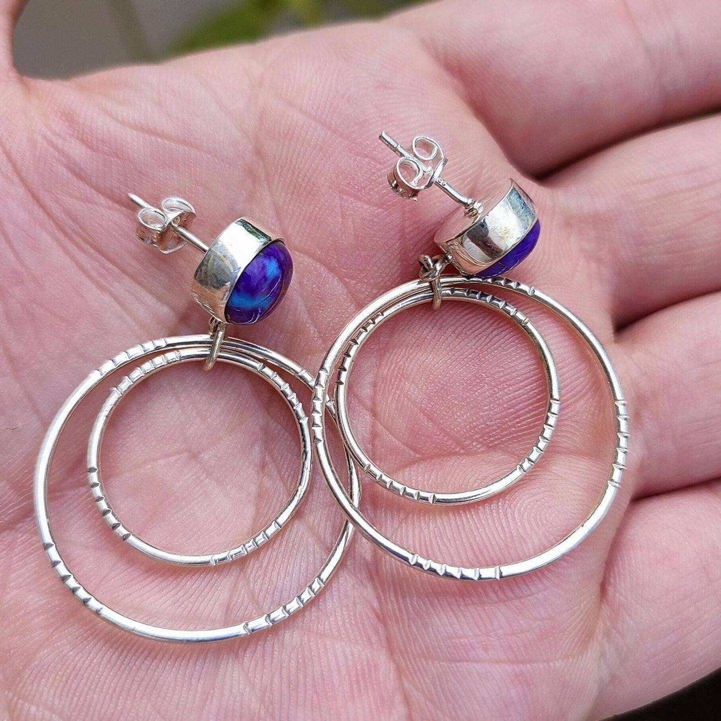 Turquoise Double Hoop Earrings, 925 Sterling Silver Dangle Earrings, Natural Purple Copper Turquoise Round Handmade Jewelry, Gift for her