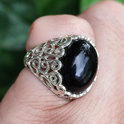 Black Onyx Ring, 925 Sterling Silver Statement Promise Ring, Natural Onyx Oval Gemstone Handmade Boho Jewelry, July Birthstone, Gift for her