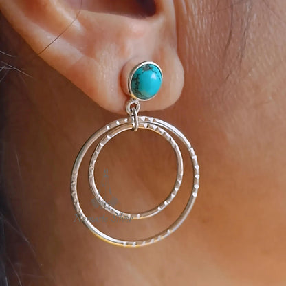 Turquoise Earrings, 925 Sterling Silver Double Hoop Dangle Earrings, Turquoise Round Handmade Jewelry, December Birthstone, Gift for Her