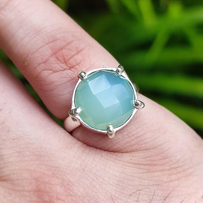 Chalcedony Ring, 925 Sterling Silver Promise Ring, Natural Aqua Chalcedony Round Gemstone Handmade Jewelry, March Birthstone, Gift For Her