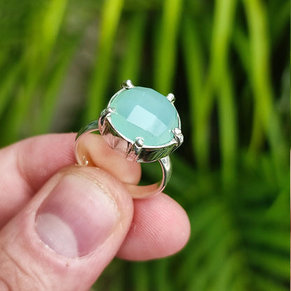 Chalcedony Ring, 925 Sterling Silver Promise Ring, Natural Aqua Chalcedony Round Gemstone Handmade Jewelry, March Birthstone, Gift For Her
