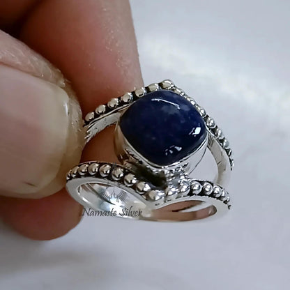 Sodalite Ring, 925 Sterling Silver Promise Ring, Natural Sodalite Cushion Gemstone Handmade Boho Jewelry, Gift for Her, December Birthstone