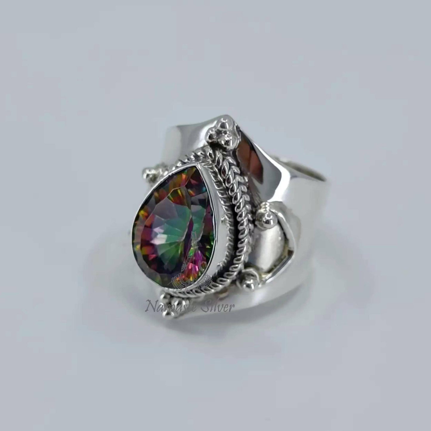 Aurora Mystic Topaz Ring, Handmade 925 Sterling Silver Statement Jewelry, Pear Shape Topaz Birthstone Ring, November Birthstone Gift for Her
