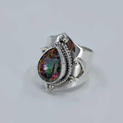 Aurora Mystic Topaz Ring, Handmade 925 Sterling Silver Statement Jewelry, Pear Shape Topaz Birthstone Ring, November Birthstone Gift for Her