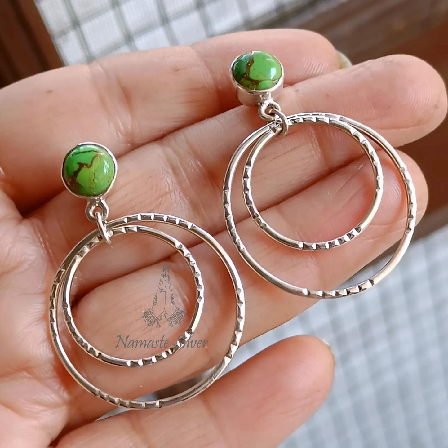Green Turquoise Earrings, Sterling Silver Dangle Earrings, Green Copper Turquoise Round Handmade Jewelry, Double Hoop Earrings, Gift for her