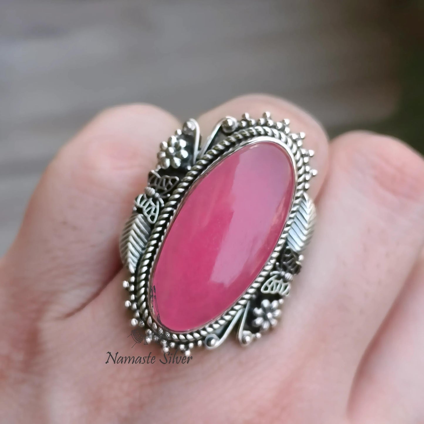 Pink Jade Ring, 925 Sterling Silver Statement Promise Ring, Pink Jade Oval Gemstone Handmade Designer Chunky Jewelry, Unique Gift for her