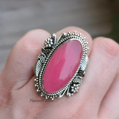 Pink Jade Ring, 925 Sterling Silver Statement Promise Ring, Pink Jade Oval Gemstone Handmade Designer Chunky Jewelry, Unique Gift for her