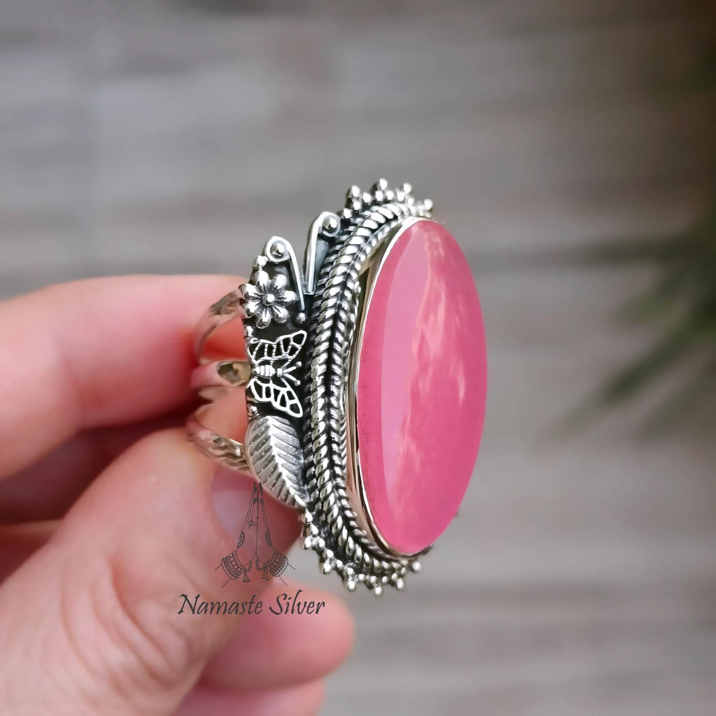 Pink Jade Ring, 925 Sterling Silver Statement Promise Ring, Pink Jade Oval Gemstone Handmade Designer Chunky Jewelry, Unique Gift for her