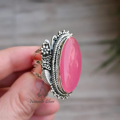 Pink Jade Ring, 925 Sterling Silver Statement Promise Ring, Pink Jade Oval Gemstone Handmade Designer Chunky Jewelry, Unique Gift for her